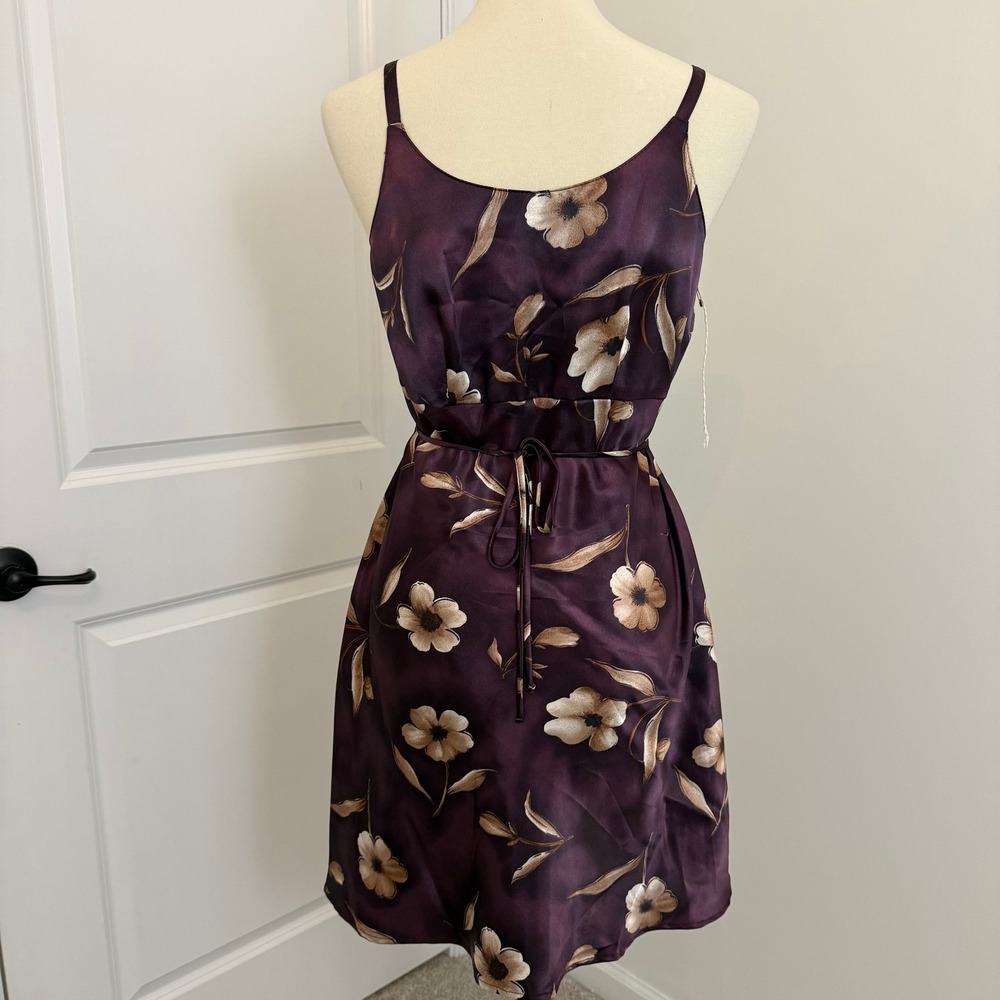 Vintage Purple Floral Satin Slip Dress Mini Faux Pearl Buttons Back Tie - Picture 4 of 12